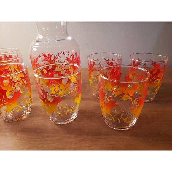 60's Federal Glass Handi-Serv Juice Carafe Pitcher & 9 Juice Glasses Fall Leaves - Picture 2 of 5